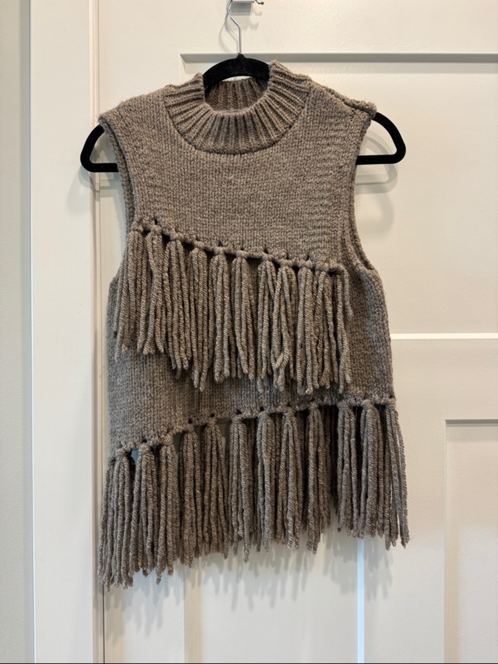New Zara Sleeveless Fringe Knit Vest - Taupe